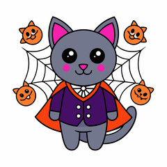 Vector illustration of a cute cat in a vampire costume with tiny fangs and festive elements like spiders and webs on a white background