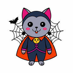 Vector illustration of a cute cat in a vampire costume with tiny fangs and festive elements like spiders and webs on a white background