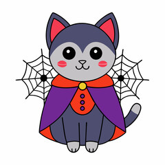 Vector illustration of a cute cat in a vampire costume with tiny fangs and festive elements like spiders and webs on a white background