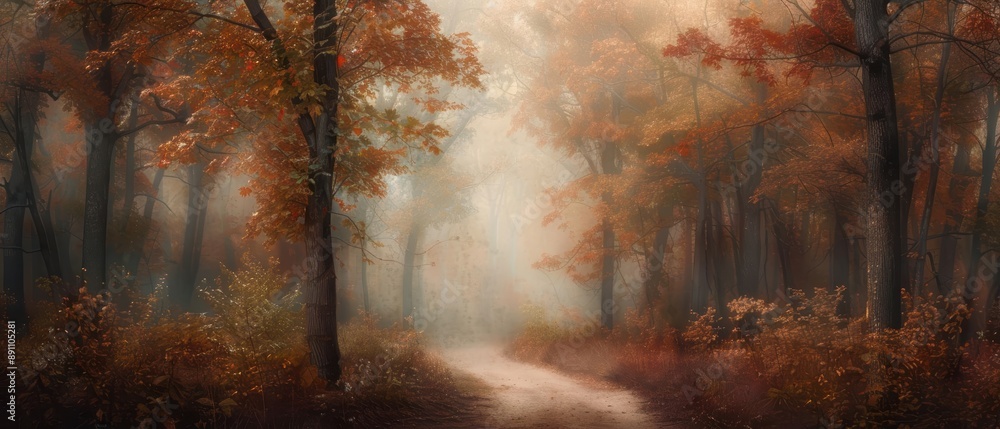 Canvas Prints Mystical autumn forest path with golden light and fog.