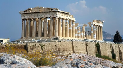 Obraz premium Stunning view of the ancient Parthenon in Greece, showcasing its majestic columns against a clear blue sky.