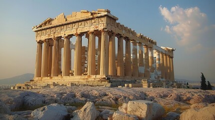 Obraz premium Stunning view of the Parthenon, reflecting ancient Greek architecture against a beautiful sky.