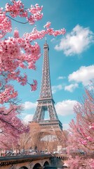 The Eiffel Tower with cherry blossoms in bloom