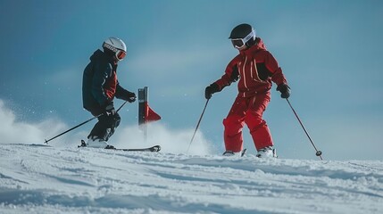 A ski instructor teaching a beginner on a gentle slope