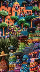 Vibrant traditional figurines and colorful village backdrop, showcasing rich culture and artistry in a festive atmosphere.