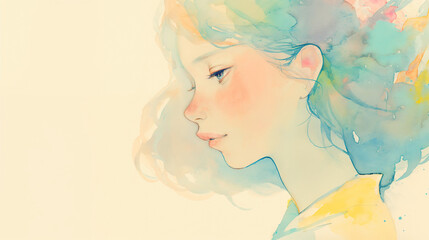 横顔のかわいい女性の水彩イラスト