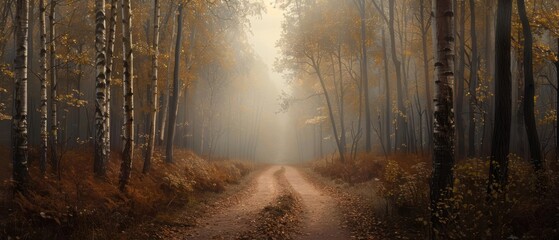 Misty forest path with sunlight streaming through the trees