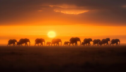 Obraz premium Herd of elephants walking, African savannah, sunset, majestic and grand, warm light, family group, natural harmony, expansive landscape