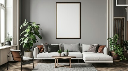 Modern Living Room Interior with White Sofa and a Large Blank Canvas
