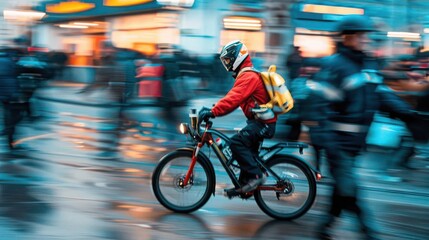 A cyclist in a red jacket maneuvers through a busy urban street, capturing the motion and energy of city life on a rainy day.