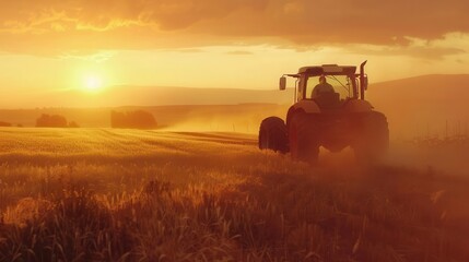 Fototapeta premium A tractor driving through a field at sunrise