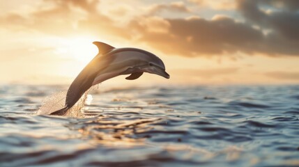 Dolphin leaps from the water at sunset.