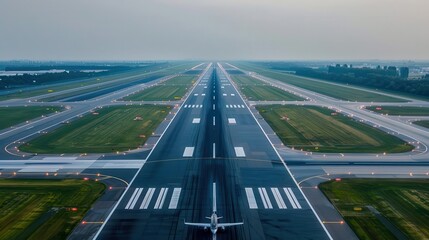Fototapeta premium Aerial view of a runway at an airport, showcasing clear lines and vast green fields, ideal for aviation enthusiasts and travel themes.