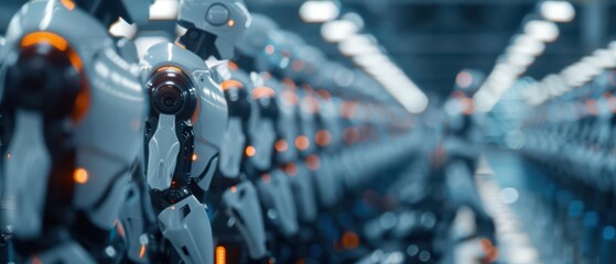 Obraz premium A line of robots standing in a factory setting.