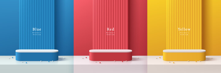 Set of 3D red, blue, yellow product podium background with serrated wall pattern. Abstract composition minimalist design. Studio display showroom product pedestal, Fashion stage showcase mockup scene.