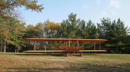 Vintage biplane on a grassy field surrounded by trees, showcasing the beauty of classic aviation in a serene outdoor setting.
