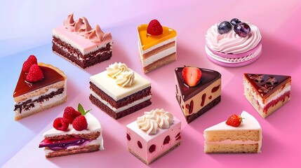 Tasty different cakes set on a color gradient background
