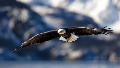 Obraz premium Bald eagle in flight with mountains in the background