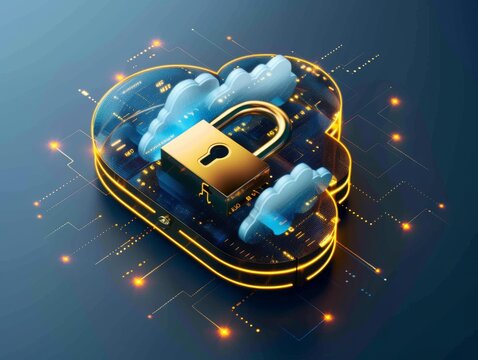 Cloud security concept with padlock and glowing lines.