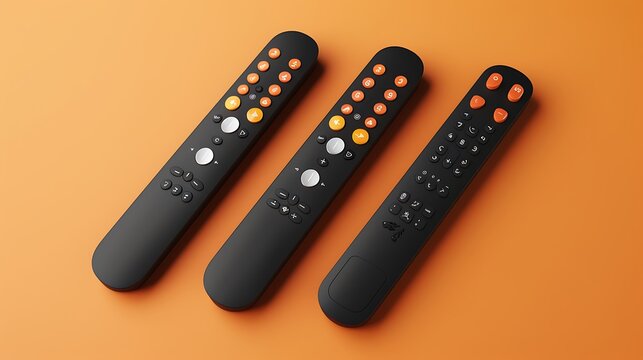 three remote controls isolated on orange background