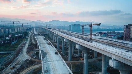 Construction site featuring elevated highway under development with cranes against a twilight sky.