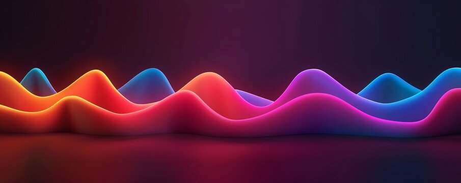 Abstract 3D sound waves in vibrant neon colors, 3D background music, dynamic and futuristic