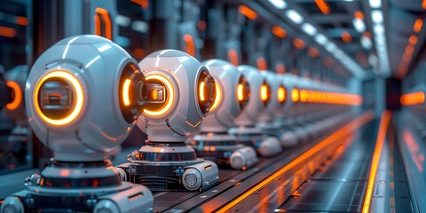 Obraz premium 3d rendering robot heads on the conveyor belt in a factory
