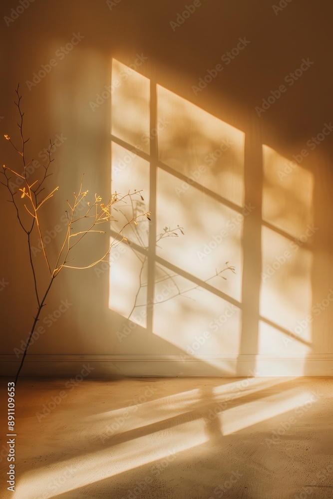 Poster a window with sunlight shining through it, creating a warm and inviting atmosphere. the room is empt