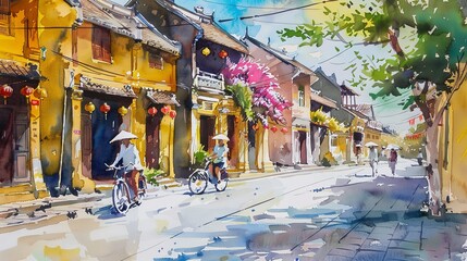 Hoi An Vietnam in watercolor painting