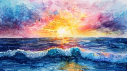 Fototapeta premium The artist skillfully painted a colorful watercolor landscape capturing the vibrant texture of nature with broad strokes on paper depicting a stunning sunrise over the sea where the waves