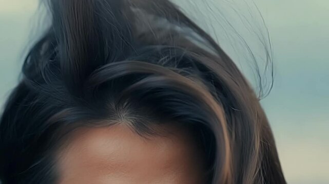 A persons hair gradually standing up in a closeup shot as their body tenses up and their eyes widen in response to someone appearing out of thin air.