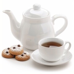 A stylishly served tea set with cookies, afternoon tea, realistic, isolated on white background