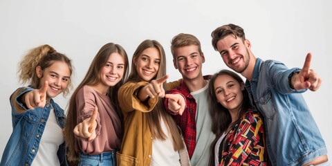 A diverse group of young friends happily pointing forward and smiling, showing unity, togetherness, friendship, and happiness. They exude positivity, energy, and a modern lifestyle