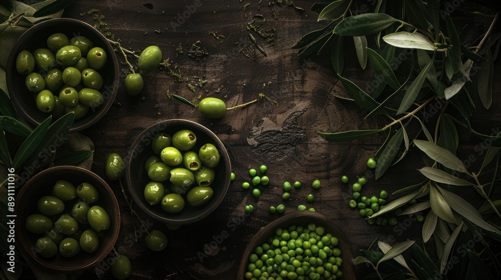 Canvas Prints Green Olives and Peas on Rustic Wood