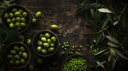 Green Olives and Peas on Rustic Wood