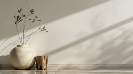 Minimalist property interiors designer composition in warm colors with minimal furniture and natural lighting. Oriental minimalist decor conceptual image for Real Estate.