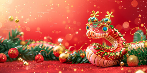 A festive snake adorned with golden and red decorations, surrounded by Christmas ornaments and evergreen branches, set against a warm red background with sparkles and bokeh lights.