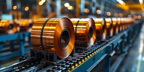 Rolls of copper wire on the production line in the factory.