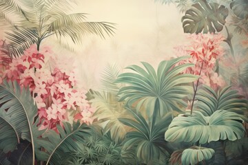 Soft vintage painting of tropical plants backgrounds outdoors tropics.