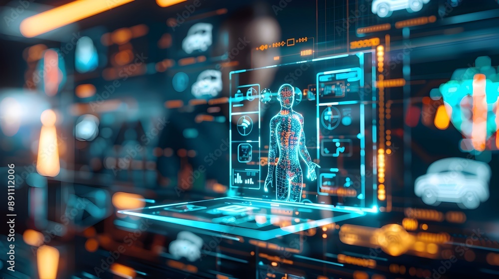 Poster cutting-edge cybersecurity digital interface with minimalist holographic icon display