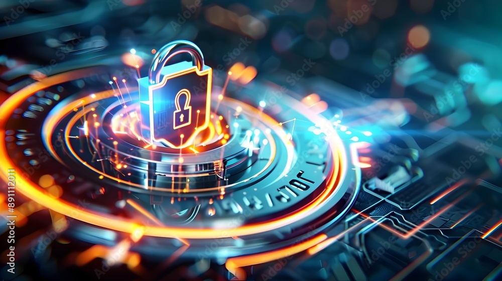 Poster cybersecurity hologram icon symbolizing digital security and it support services