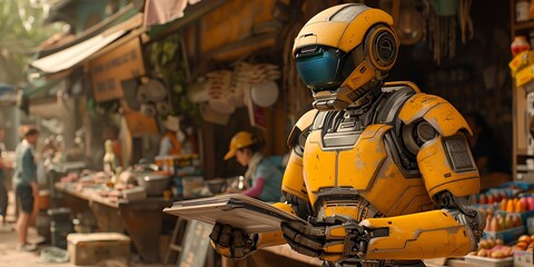 A yellow robot reading a book in the old market. 3D rendering.