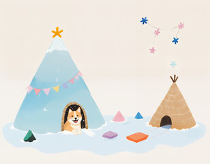 Happyday)dog_in_teepee_with_geometric_shapes Fairytale watercolour-style illustrations