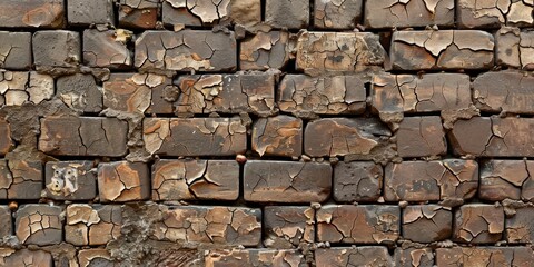 Obraz premium A Detailed Close-Up of a Weathered Brick Wall with Cracks and Imperfections.