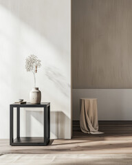 Luxury property interiors with minimal ornaments and furniture, neutral warm colors and copy space. Elegant apartment interiors composition.