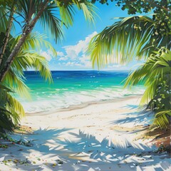 Obraz premium A picturesque tropical beach with pure white sand, palm tree leaves casting soft shadows, and a serene ocean view.