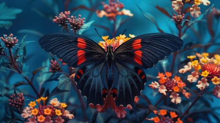 Black Butterfly with Red Stripes on Flowers