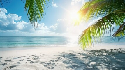 A tranquil tropical beach with soft white sand, palm tree leaves catching the sunlight, and a serene blue sky. 