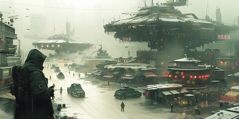 Aerial view of a foggy cityscape with a police officer on the foreground.
