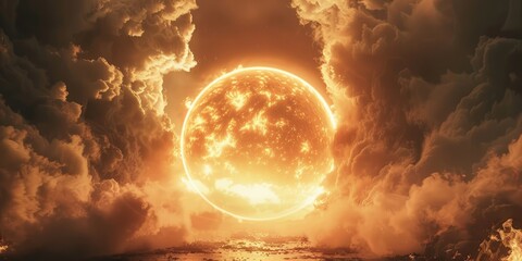 A huge, fiery explosion in the dark, cloudy sky. Biblical theme. Genesis 1:1. In the beginning, God created the heavens and the earth. 